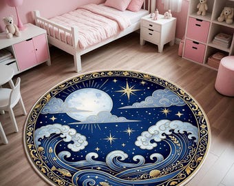 May include: A round rug with a celestial design. The rug features a dark blue background with a large moon, stars, and stylized waves in shades of blue and gold. The border has a decorative gold pattern.