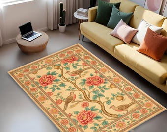 William Morris Style Floral Bird Rug, Vintage Arts and Crafts Area Rug, Botanical Decorative Carpet, Classic Cottage Home Decor