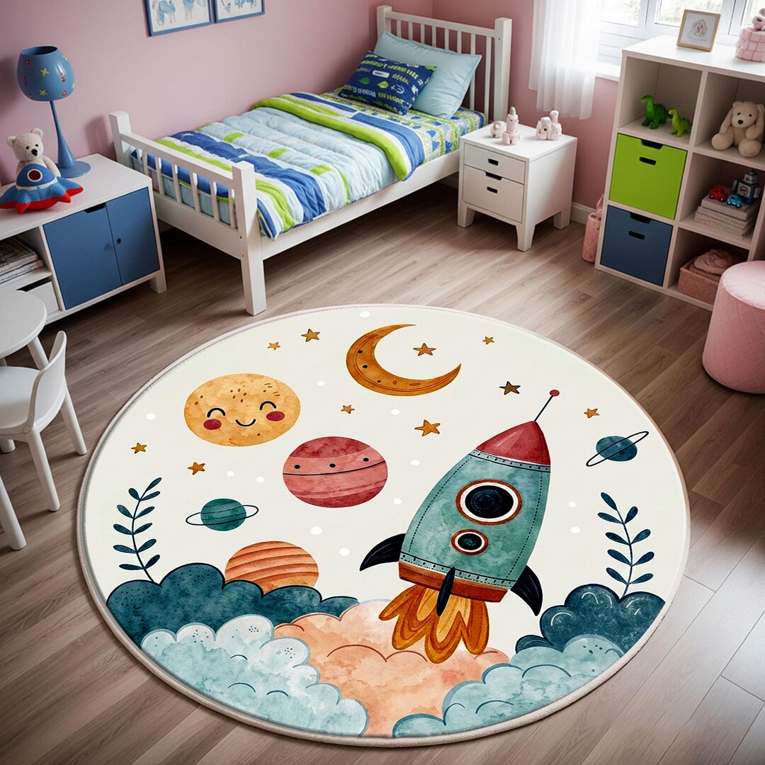Rocket Circular Rug Space Rocket Round Rug – Galaxy Planets Nursery Play Mat, Blue Yellow ...