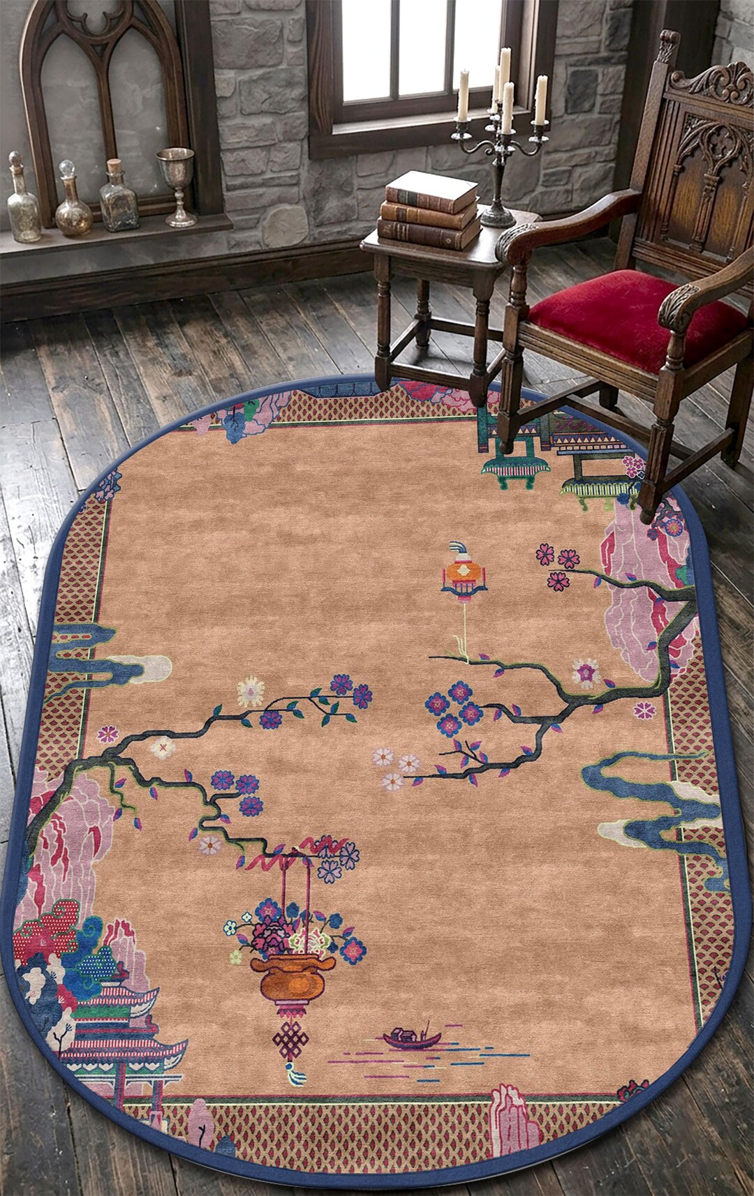 Chinese Oval Area Rug, Asian Landscape Floral Carpet, Vintage Pagoda ...