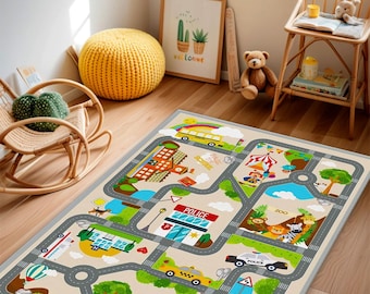 May include: A beige children's play rug with a road map design. The rug features roads, buildings, a school bus, police station, and zoo. Colorful illustrations of cars, trees, and animals are also included. The rug has a gray border.