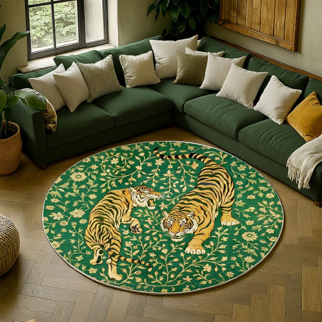 Tiger Jungle Round Rug – Green Botanical Forest Carpet With Two Tigers ...
