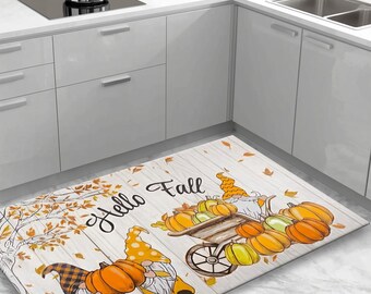 Alfombra de cocina con diseño de gnomo otoñal, tapete de cocina con temática de cosecha de calabazas, alfombra decorativa de otoño, alfombra rústica de granja, antideslizante y lavable.