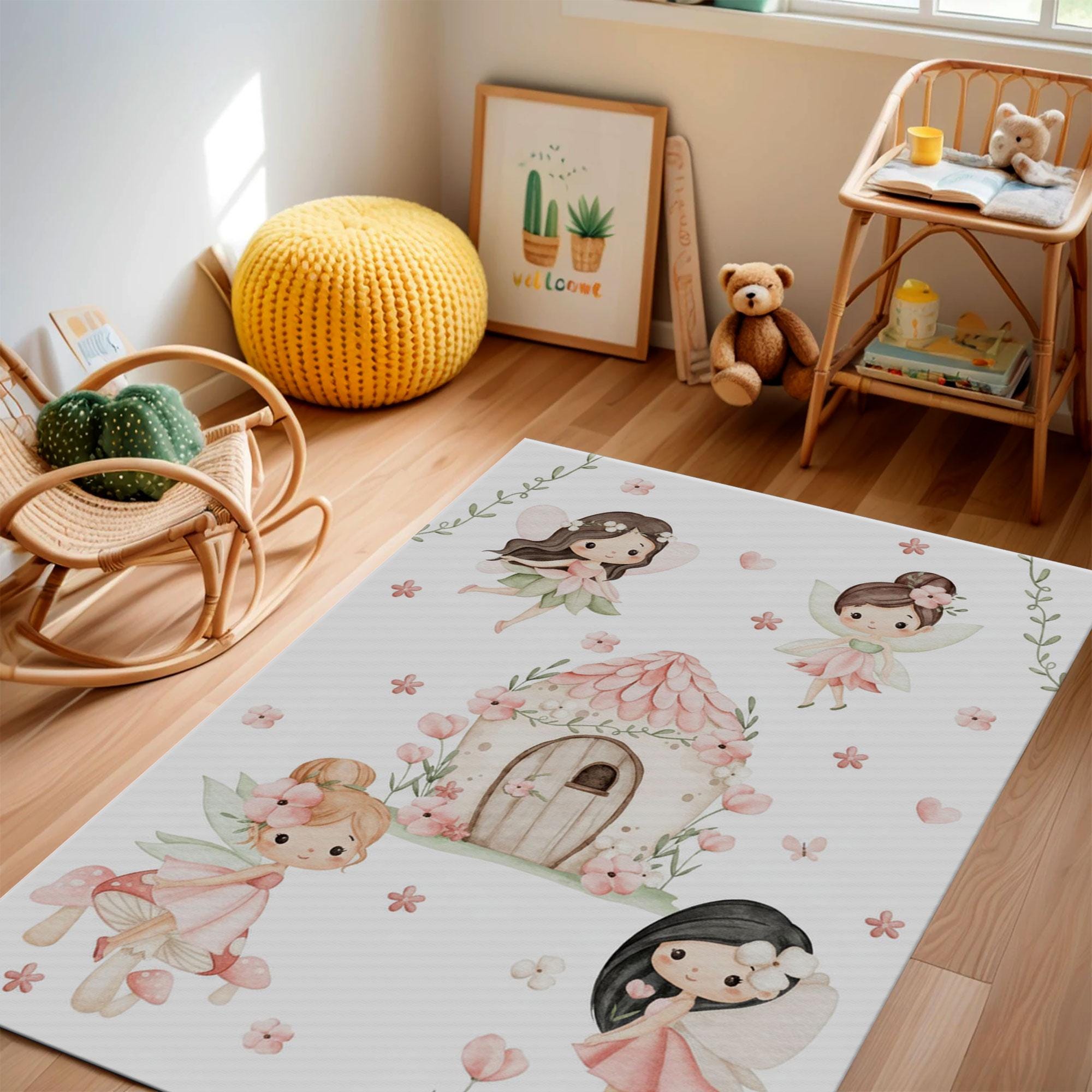 妖精の子供用ラグ、ピンクの保育園エリアラグ、かわいい妖精の庭の
