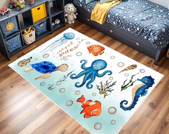Ocean Animals Kids Rug, Sea Life Nursery Carpet Decor