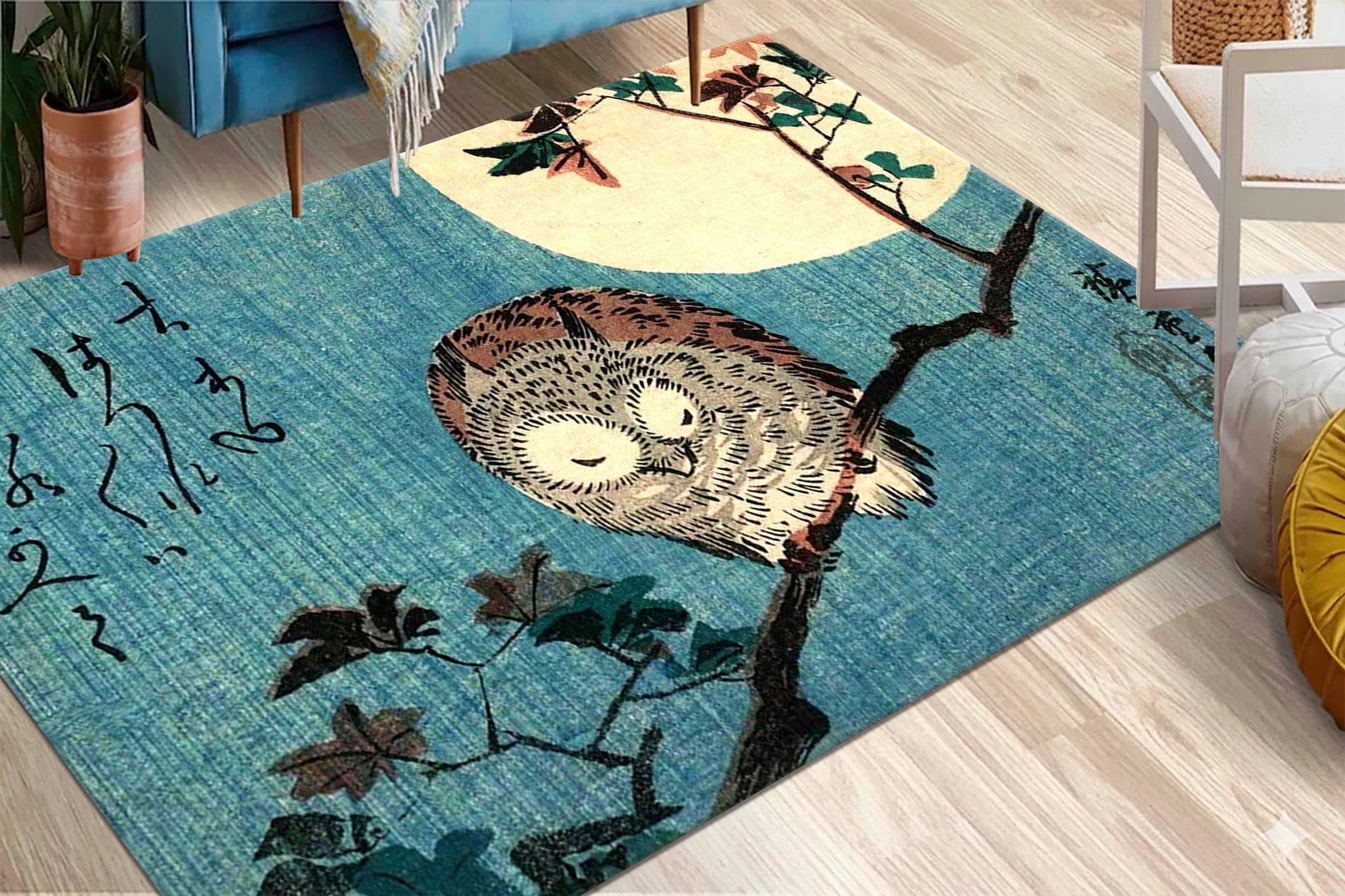 Horned Owl Maple Branch Full Moon Rug, Utagawa Hiroshige Ukiyo-e Carpet