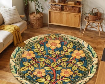 Rond William Morris-vloerkleed, vintage bloemenkunstwerk, botanisch tapijt