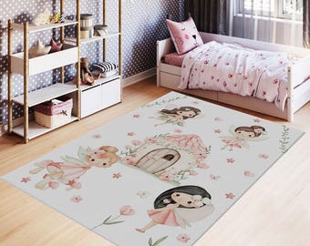 Fairy Kids Rug, Pink Nursery Area Rug, Cute Fairy Garden Play Mat, Girls Room Decor, Washable Baby Room Carpet