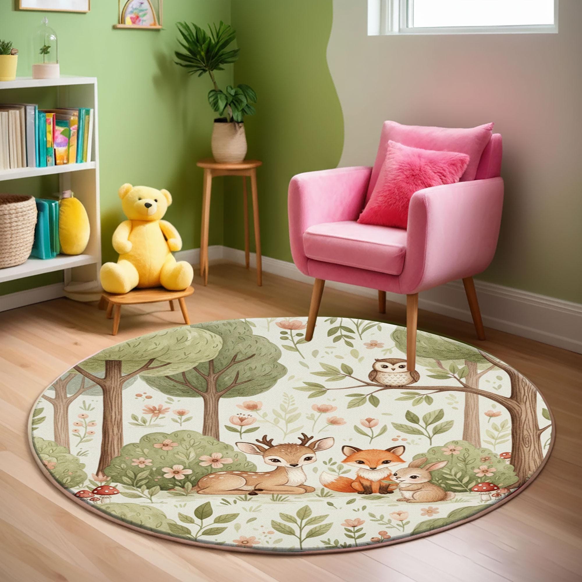 Woodland Animals Nursery Rug, Deer Fox Owl Forest Kids Rug, Woodland Animals Nursery Round Rug