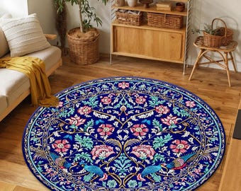 Rond vloerkleed William Morris-stijl, vintage tapijt bloemen en vogels