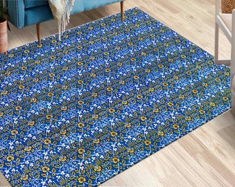 William Morris Eyebright Blue Floral Rug, Vintage Arts and Crafts Botanical Pattern, Digital Print Area Rug Home Decor