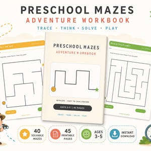 以下が含まれることがあります： 「Preschool Mazes Adventure Workbook」と題された迷路ワークブック。表紙にはシンプルな迷路と「Preschool Mazes Adventure Workbook」、「40 Mazes - Easy to Challenging」、「Ages 3-5 | 45 Pages」の文字が記載されています。内部の迷路ページには「Help the Bee」と「Reach the Planet」の文字が見えます。