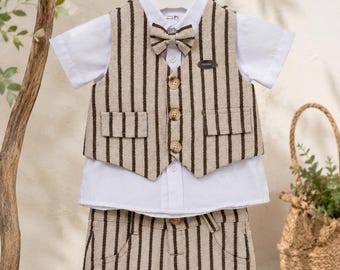 Conjunto formal de chaleco para niño pequeño, traje de pantalón corto a rayas con pajarita, atuendo de verano para portador de anillos, ropa de boda beige para niños