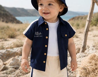 Conjunto de ropa de verano para niño pequeño con sombrero de pescador, conjunto de camisa y pantalones cortos azul marino 100% algodón, conjunto de ropa de vacaciones para niños.