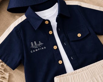 Toddler Boy Summer Outfit Set with Bucket Hat, 100% Cotton Navy Shirt and Shorts Set, Kids Vacation Clothing Set