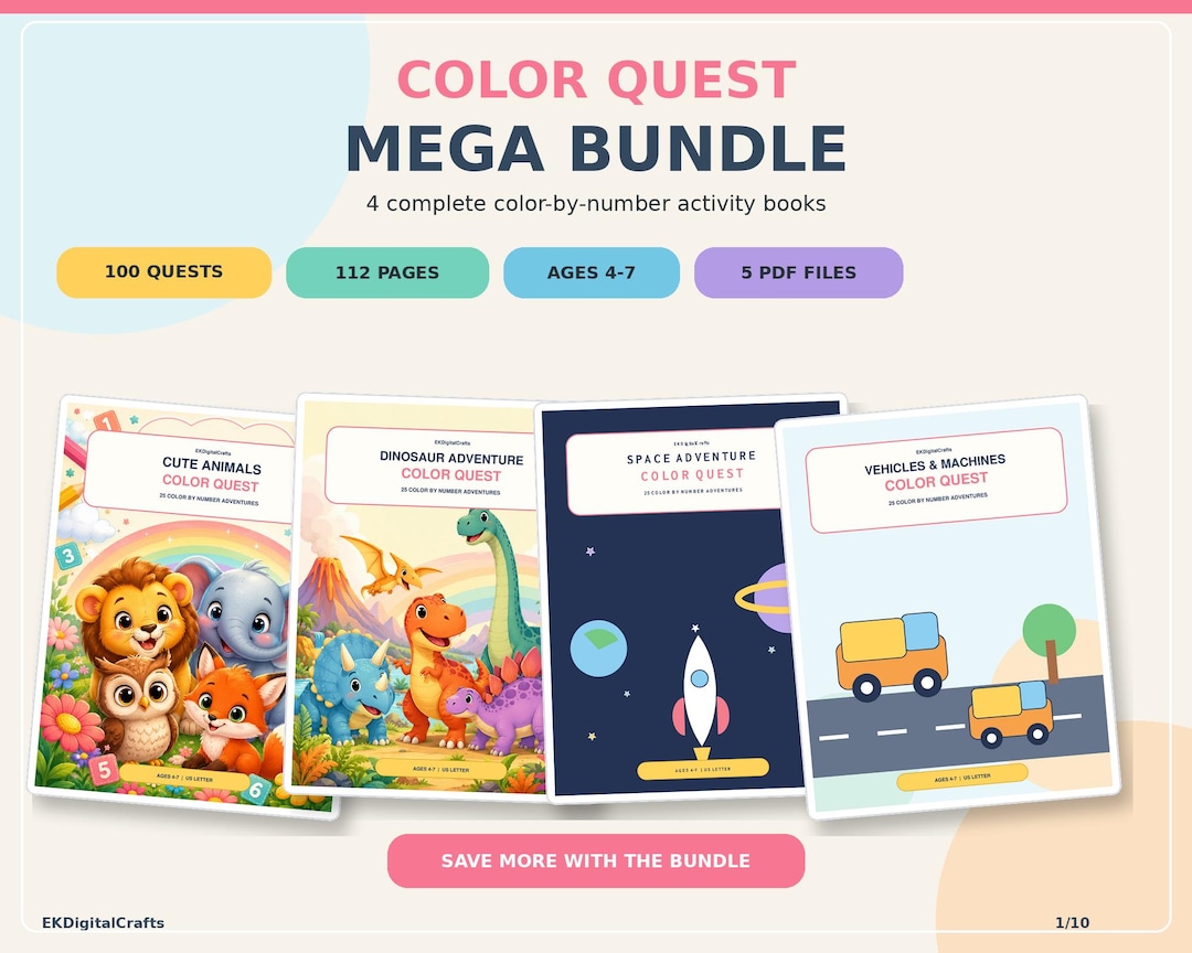 Kids Color by Number Mega Bundle Ages 4–7, 100 Printable Coloring Pages ...