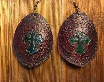 Tooled Leather Earrings with Cross