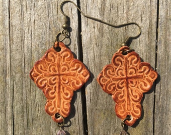 Tooled Leather Cross Earrings with Faux Turquoise Bead