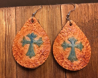 Tooled Leather Earrings With Cross