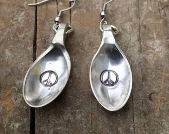 Vintage silverplate tong earrings with stamped peace sign.