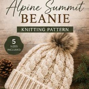 May include: A cream-colored cable knit beanie with a ribbed cuff and a faux fur pom-pom on top. The text reads: 1, NORTHWOODKNITSUS, KNITTING PATTERNS, Alpine Summit BEANIE, KNITTING PATTERN, 5 SIZES INCLUDED, COZY, CLASSIC, HANDMADE WITH LOVE.