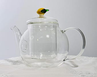 Tetera de cristal con tapa decorativa y infusor incorporado: limón, pájaro azul, tulipán o abeja.