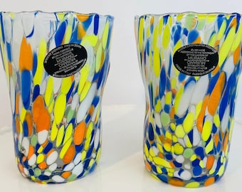 Murano Art Glass Tumblers Set of 2 - Italian Hand Blown Colorful Confetti Glasses