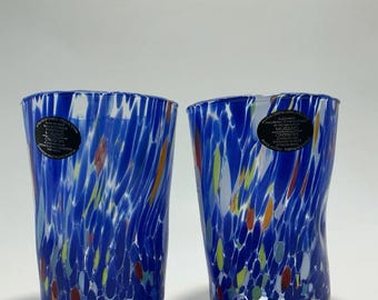MURANO Crystalleria Set of 2 Blue/Multi Hand Blown Glass Tumbler 12oz Italy