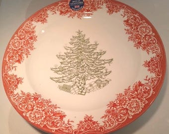 New Royal Stafford Christmas Tree Dinner Plate - Red Floral Border, 11"