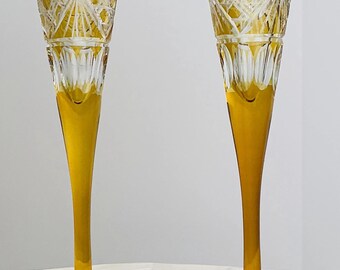 Pottery Barn Amber Cut Crystal Champagne Flutes (Set of 2), Made in Turkey