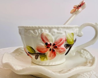 CornerRuby Botanical Collection Teacup & Saucer Set-White, Yellow  Pink Floral Styles