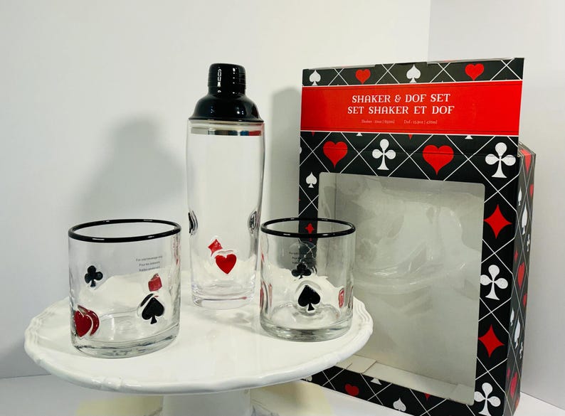 Anthropologie Dupe Poker Casino Set of Whiskey Glasses & Shaker image 1