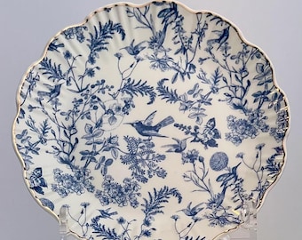 Grace Teaware Blue & White Botanical Bird Toile Dinner or Salad/Dessert Plate - Fine Porcelain