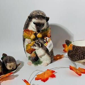 May include: A ceramic set featuring a large standing hedgehog figurine holding a smaller hedgehog, a separate bowl shaped like a reclining hedgehog, and two small hedgehog salt and pepper shakers on a leaf-shaped tray, all with autumn leaf accents.