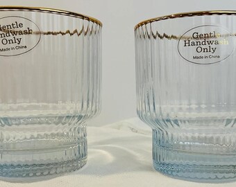 Ribbed Glass Tumblers Set of 2 - Gold Rim Vintage Glass Cups