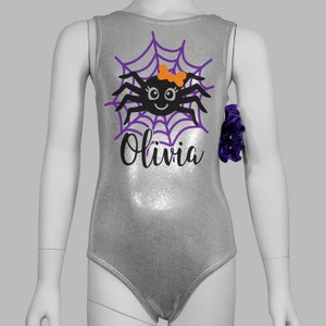 Halloween Spider Gymnastics Leotard: Silver & Purple Costume with Scrunchie