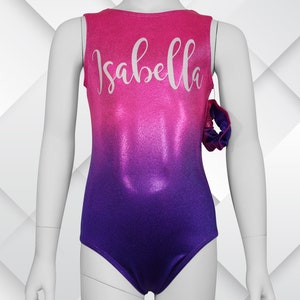 Personalized Ombre Gymnastics Girls Leotard Toddlers to Teens Dance Ballet Custom Name Leotard, Pink Purple Bodysuit Leo by AERO Leotards zdjęcie 1