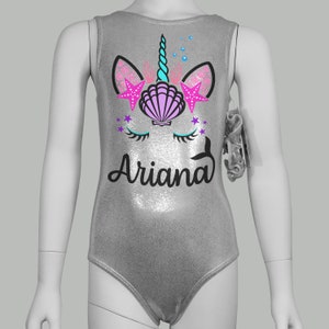 Unicorn Mermaid Gymnastics Leotard, Personalized Girls Toddler Kids Teens, Dance Ballet Gymnast Custom Name Bodysuit Leo by AERO Leotards