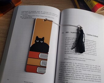 Black Cat on Books Bookmark with Tassel or Without Tassel, Book Lover Gift