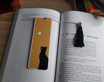 Black Cat Watching Butterfly Bookmark with Tassel or Without Tassel