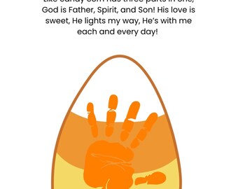 Puede incluir: Ilustración de un caramelo de maíz con una huella de mano en el centro. El caramelo de maíz está dividido en tres secciones: blanco, naranja y amarillo. El texto en la parte superior dice "The Candy Corn Trinity". El texto de abajo describe la Trinidad.