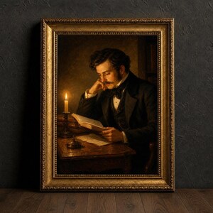 Op de afbeelding: Een ingelijst olieverfschilderij met een persoon in een donker pak met vlinderdas aan een houten bureau, lezend in een boek bij het licht van een brandende kaars. De scène is in warme, donkere tinten met een versierde gouden lijst.