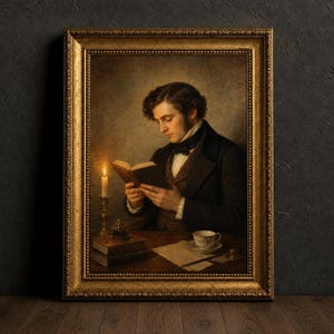 Op de afbeelding: Een ingelijst olieverfschilderij van een persoon in een donkere jas en vest met patroon die bij kaarslicht een boek leest. De scène bevat een stapel boeken, een brandende kaars in een koperen houder, een theekopje en papieren op een tafel.