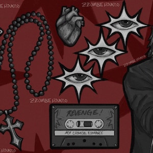 May include: Illustration featuring gothic and emo-inspired elements. Includes a cross, rosary, chain, heart, and stylized eyes. A cassette tape reads "REVENGE! MY CHEMICAL ROMANCE." A person with long hair sings into a microphone. The background is a deep red.