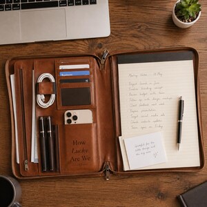 Personliga läderportföljer för män/kvinnor, anpassad A4-padfolio med dragkedja, iPad- och dokumenthållare, graverad läderportfölj, företagspresent