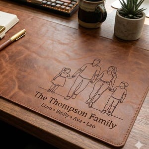 Puede incluir: Un protector de escritorio de cuero marrón con una ilustración de líneas negras de una familia de cuatro. El texto dice The Thompson Family seguido de los nombres Liam, Emily, Ava y Leo. El protector está sobre un escritorio de madera.