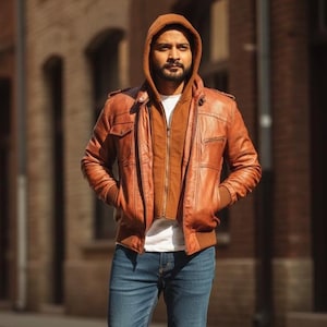 Handmade Classic Brown Leather Jacket for Men with Hoodie | Real Leather Vintage Style Outerwear