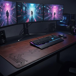 Puede incluir: Una configuración de juego con tres monitores conectados que muestran un paisaje urbano futurista. Un teclado y un ratón retroiluminados están sobre una alfombrilla de escritorio de cuero marrón con un diseño de placa de circuito. Altavoces, una torre de ordenador y auriculares completan la configuración.