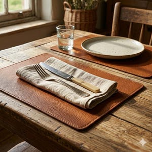 May include: A dining table set with brown leather placemats, a linen napkin, and cutlery. A plate and a glass of water are also present. The wooden table is near a window, creating a warm, inviting atmosphere.