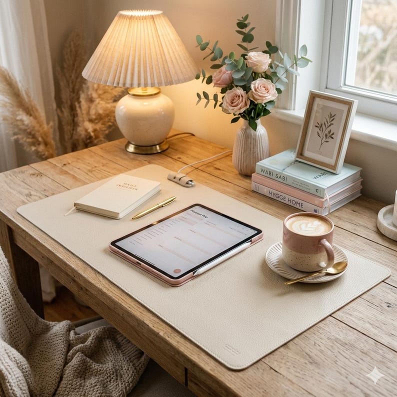 May include: A rectangular beige desk mat with a textured surface lies on a wooden table. On the mat are a white notebook, a gold pen, and a tablet displaying a planner. Nearby are a lamp, a vase with pink roses, and a coffee mug.